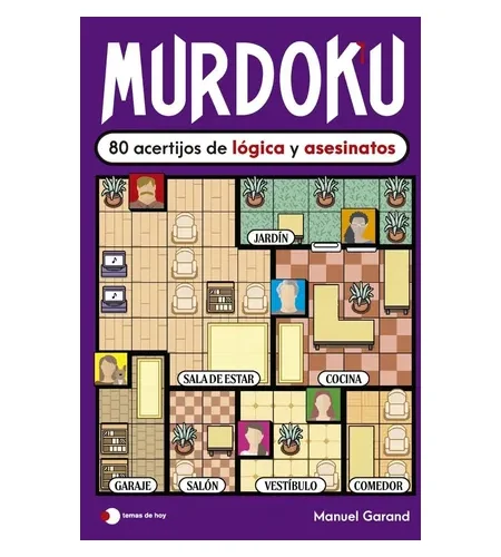 Portada del libro Murdoku de Manuel Garand con ilustración tipo plano de una casa y acertijos de lógica sobre fondo morado.